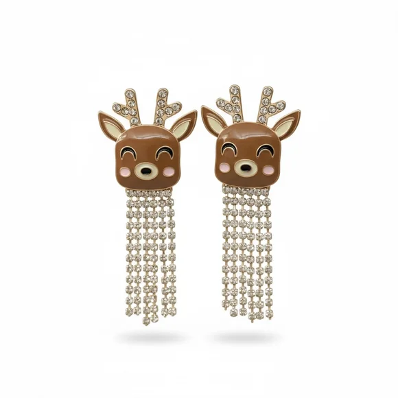 Reindeer Dangle Earrings Brown Gold Clear - Picture 3 of 3